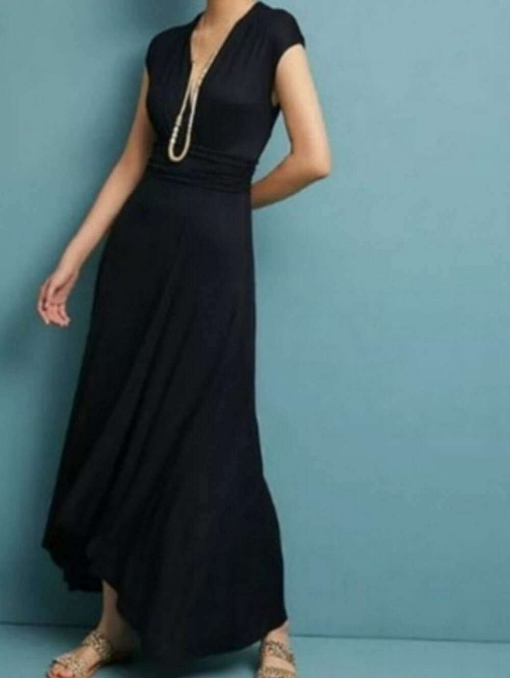 Maeve Maxi Dress Women's Black V-Neck Cap Sleeve Desert Star Anthropologie